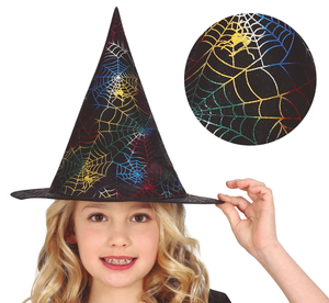 Cappello Strega con Stampa Multicolore Ragnatele Accessori Bambini Carnevale Halloween - 13056