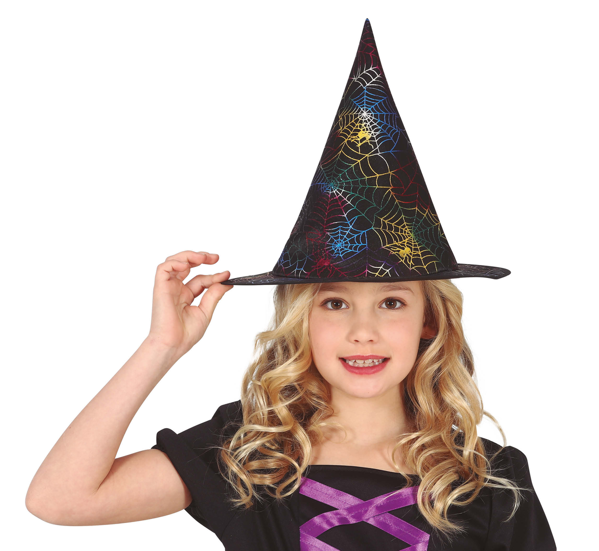 Cappello Strega con Stampa Multicolore Ragnatele Accessori Bambini Carnevale Halloween - 13056