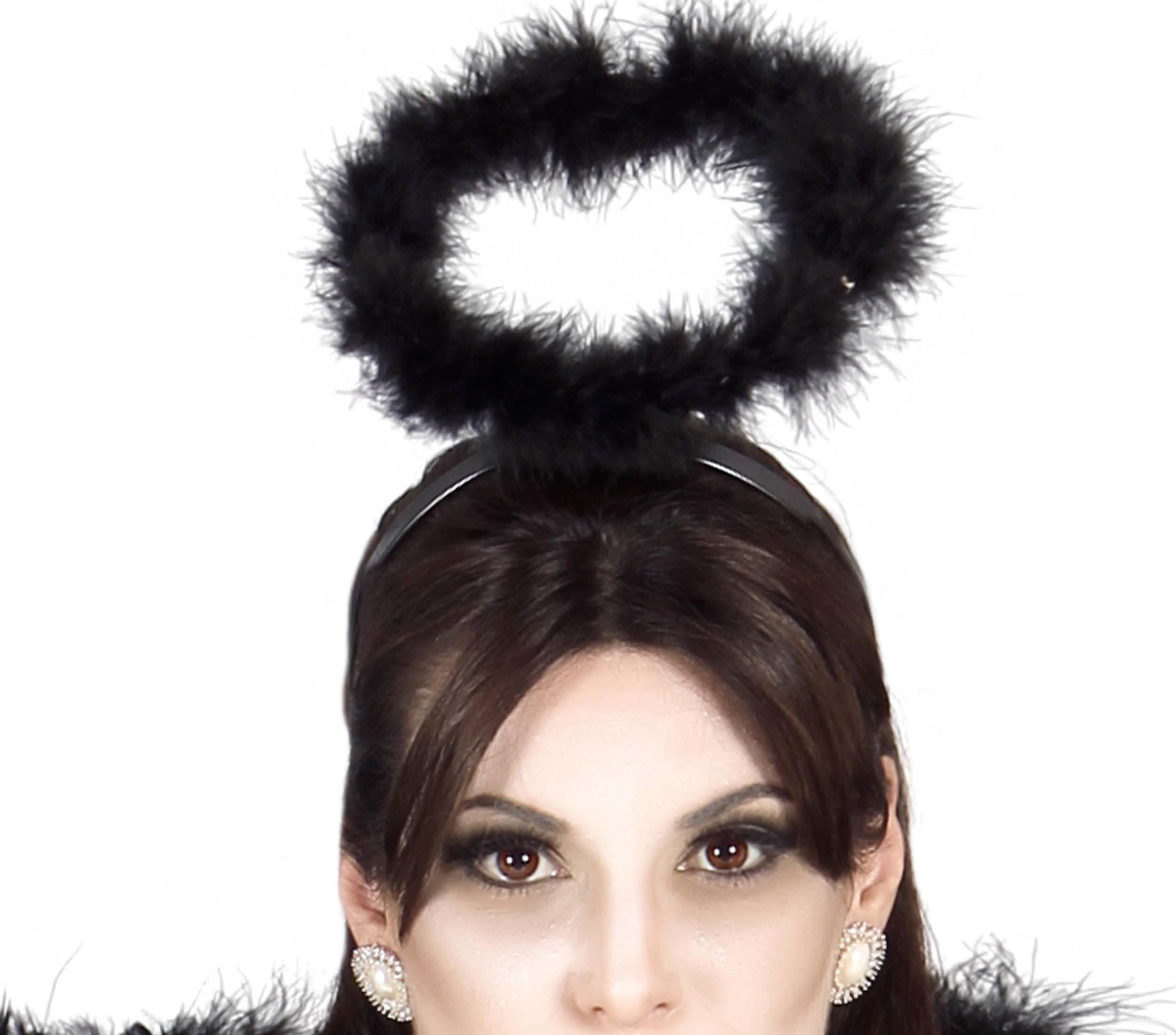 Cerchietto con Aureola in Marabou Nero Accessori per Abito Vestito Travestimento Carnevale Halloween - 16148
