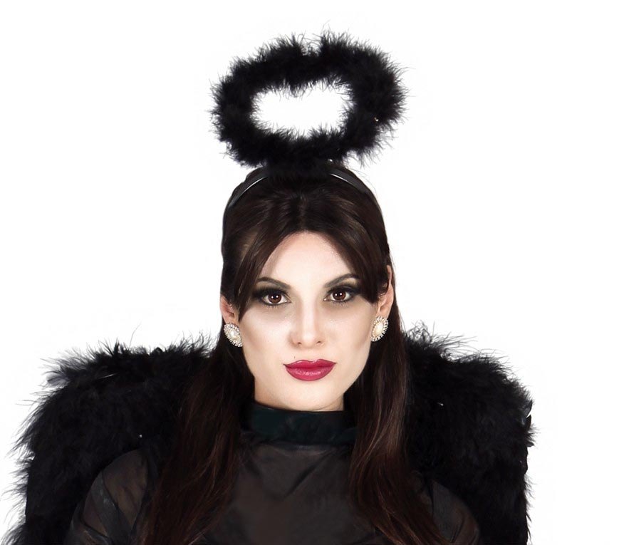 Cerchietto con Aureola in Marabou Nero Accessori per Abito Vestito Travestimento Carnevale Halloween - 16148