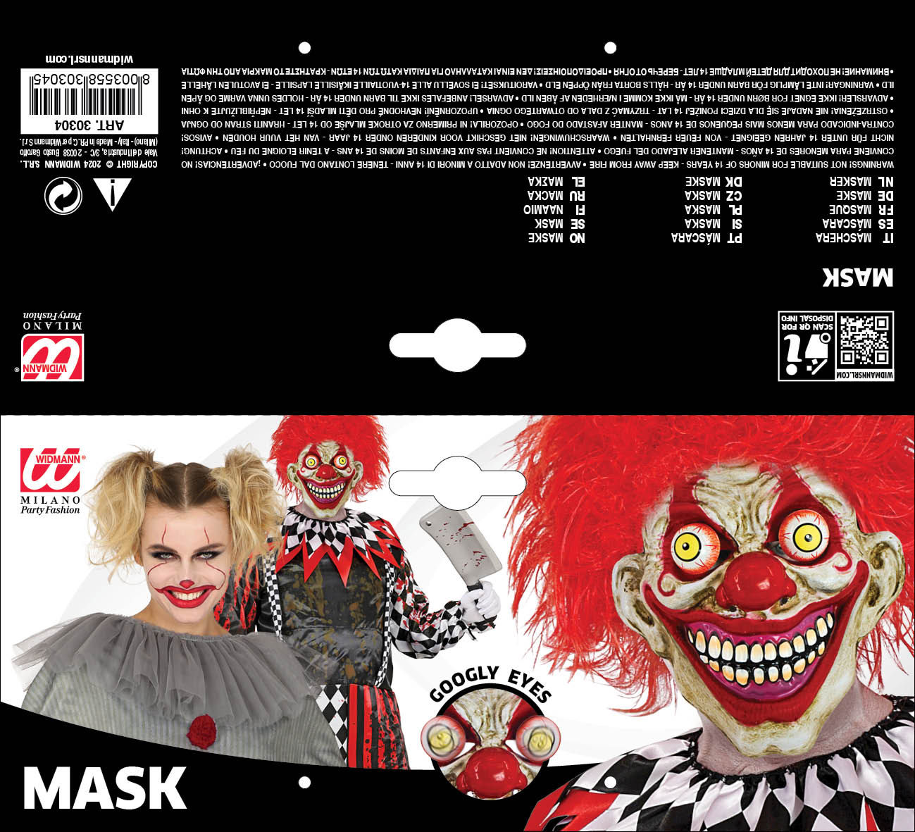 Maschera Clown Horror con Occhi Accessorio Travestimento Halloween Cosplay- 30304