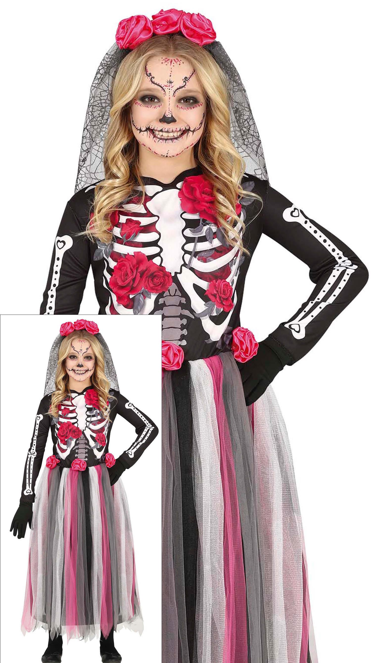 Costume Catrina Dia De Los Muertos per Bambine Vestito Travestimento Halloween Cosplay - 7765