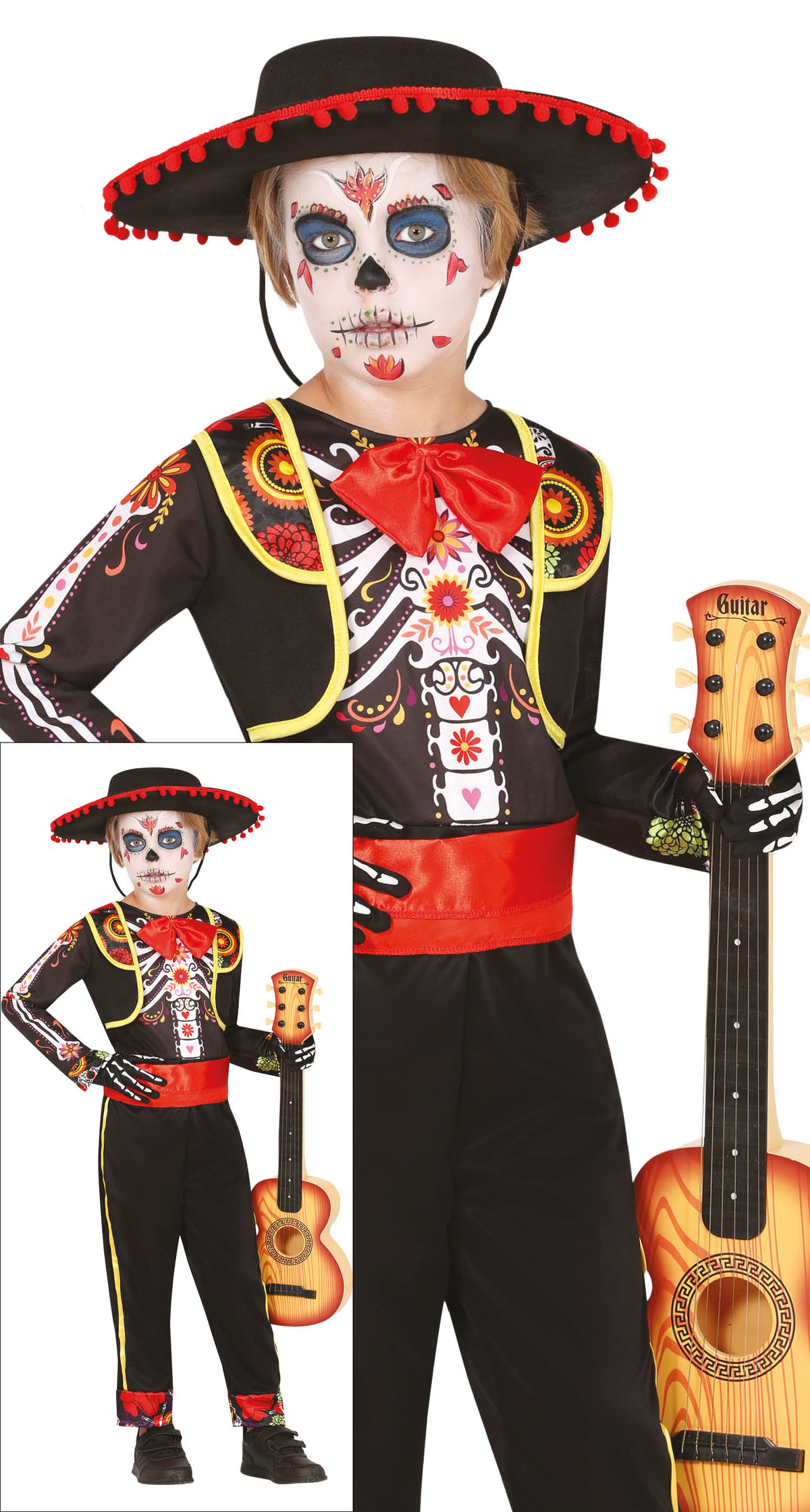 Costume Mariachi Skeleton per Bambini Vestito Scheletro Travestimento Halloween Carnevale Cosplay