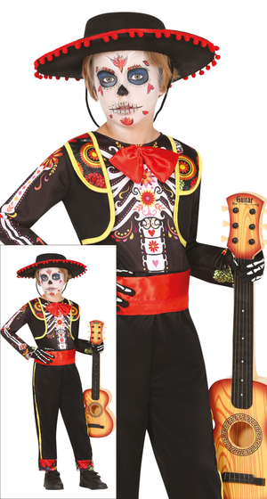 Costume Mariachi Skeleton per Bambini Vestito Scheletro Travestimento Halloween Carnevale Cosplay