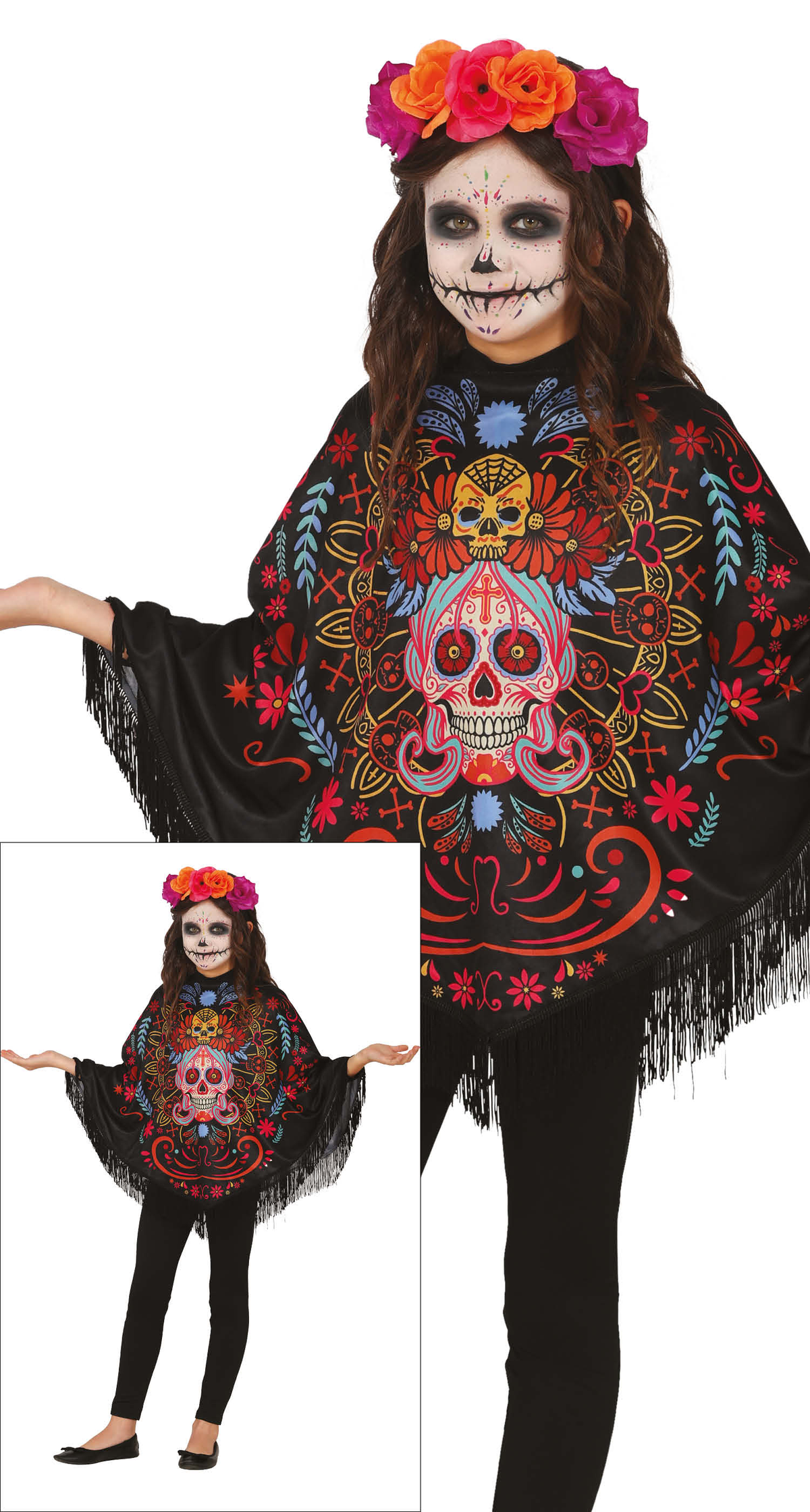 Poncho Dia De Los Muertos Accessorio Travestimento per Bambini Halloween Carnevale Feste a Tema - 78150