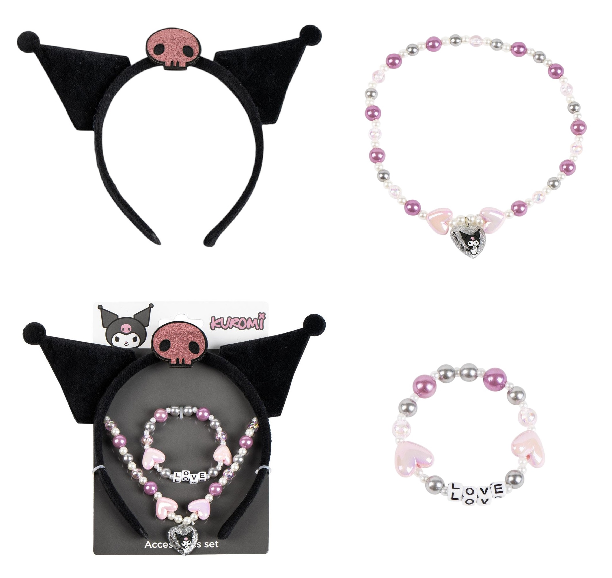 Set Accessori Kuromi Sanrio Bracciale Collana Cerchietto con Orecchie - 3438