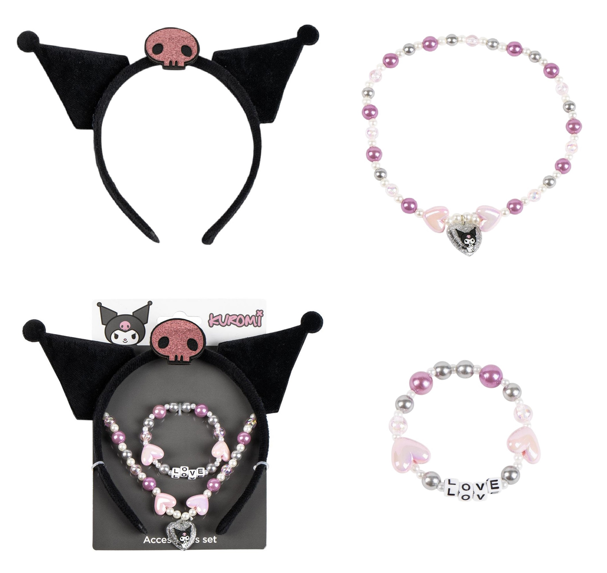 Set Accessori Kuromi Sanrio Bracciale Collana Cerchietto con Orecchie - 3438