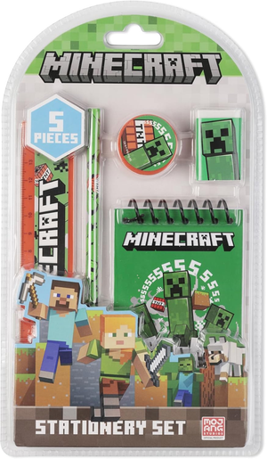 Set Cancelleria Minecraft 5 Pezzi Block Notes Matita Gomma Temperamatite e Righello - Mc00038