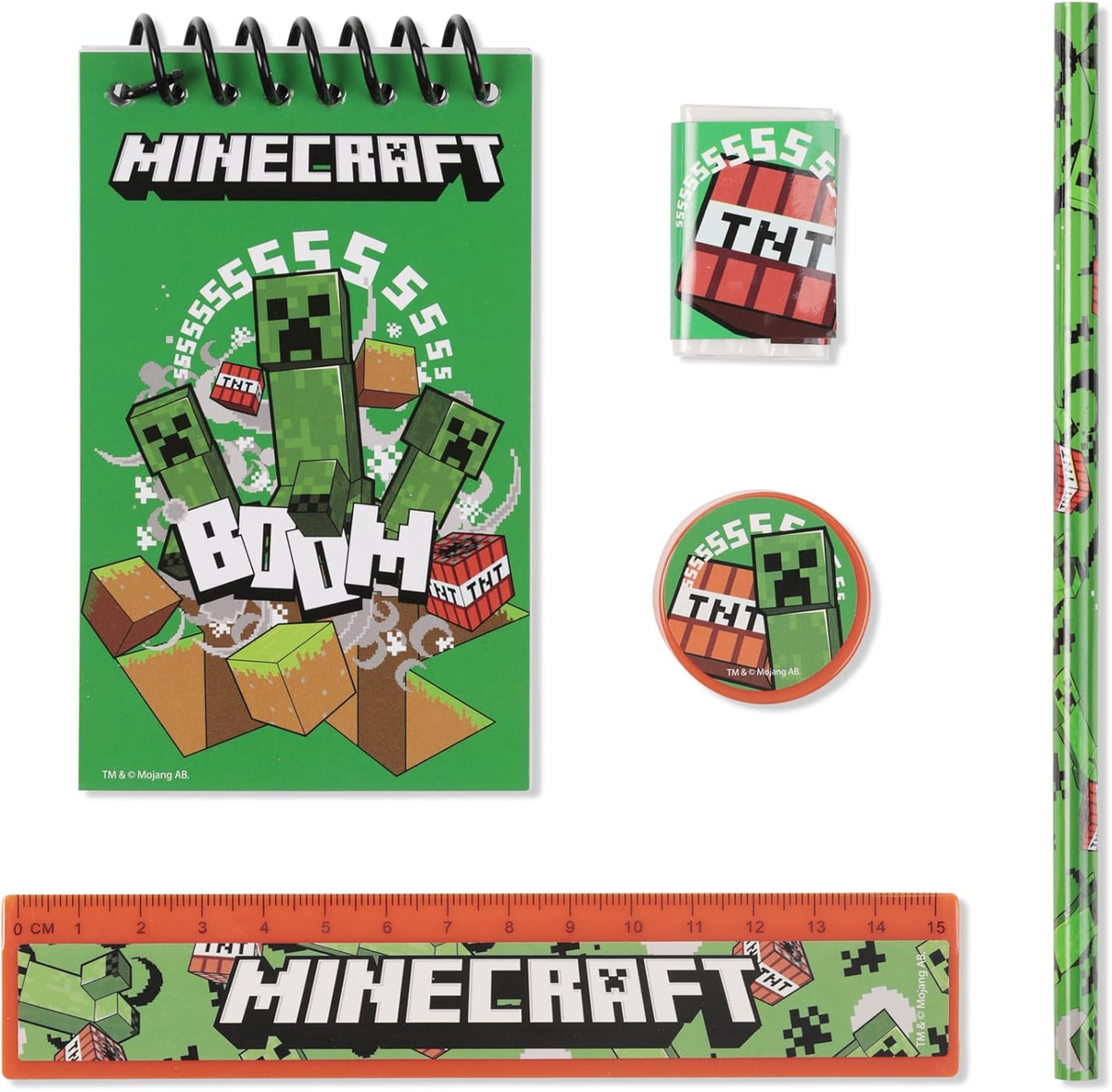 Set Cancelleria Minecraft 5 Pezzi Block Notes Matita Gomma Temperamatite e Righello - Mc00038