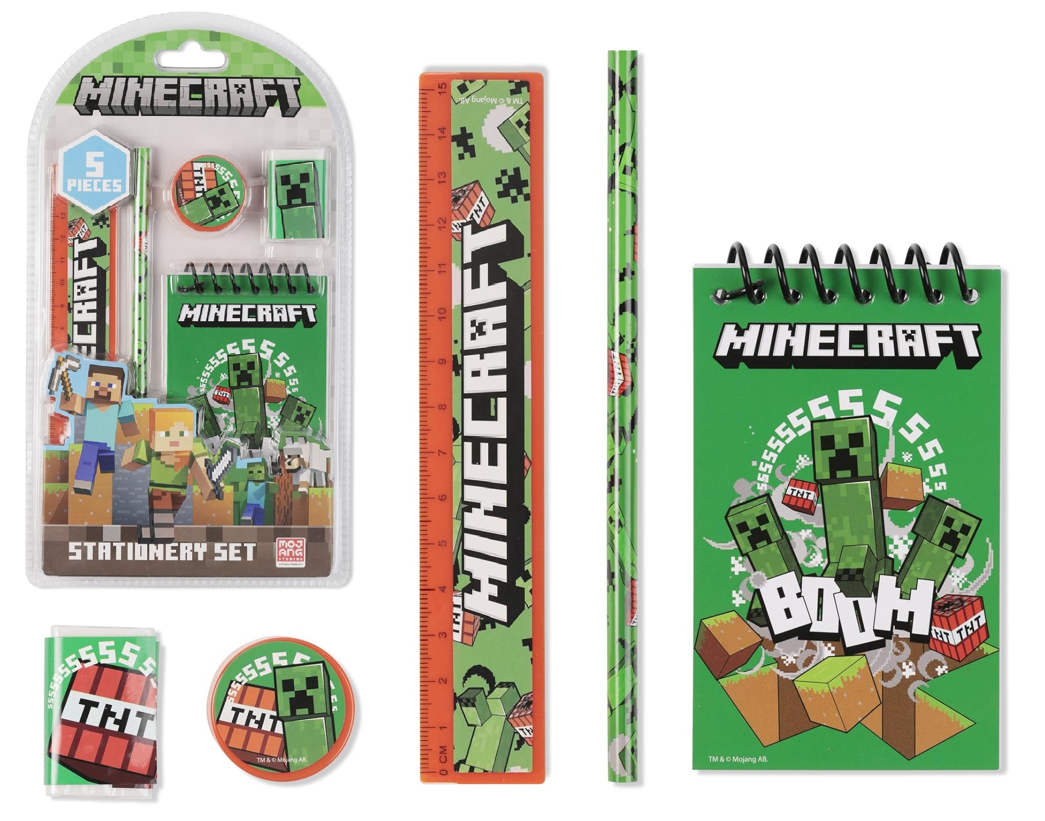 Set Cancelleria Minecraft 5 Pezzi Block Notes Matita Gomma Temperamatite e Righello - Mc00038