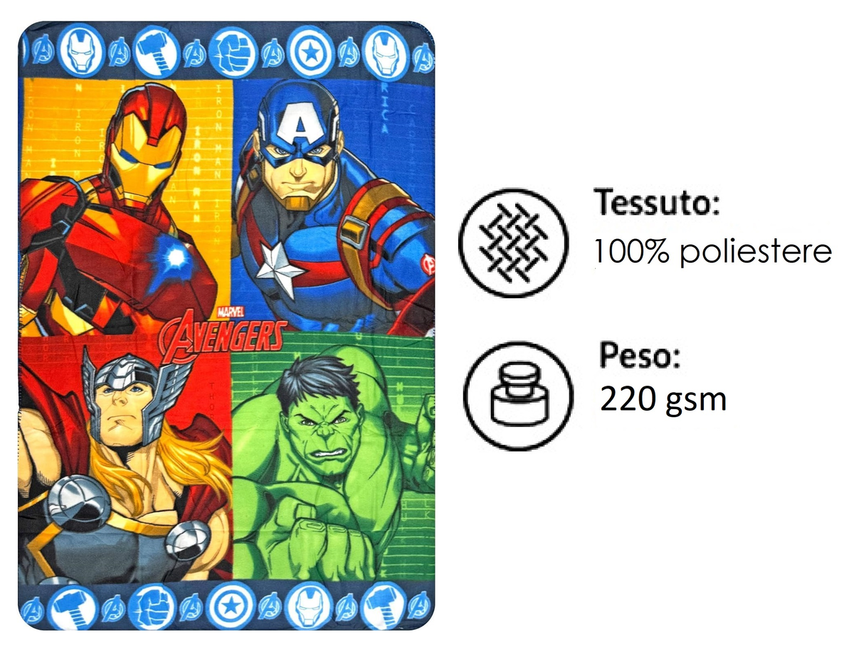 Plaid Avengers MARVEL Coperta in 100% Poliestere 220 Gsm 100 X 140 CM per Bambini - Ave24-4334