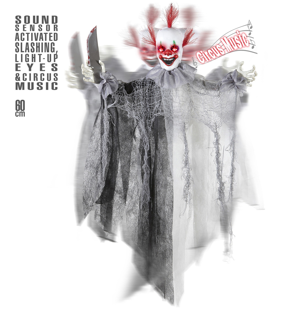 Decorazione Clown Assassino Animato con Coltello Occhi Luminosi Musica da Circo 60 CM - 01392