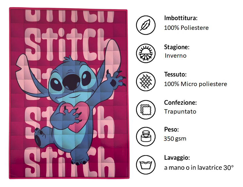 Trapunta Stitch DISNEY Piumone Invernale 350 Gsm Letto Singolo 160x250 CM - Je12127gtb