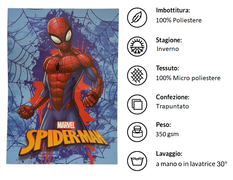 Trapunta Spiderman MARVEL Piumone Invernale 350 Gsm Letto Singolo 160x250 CM - Je12132gtb