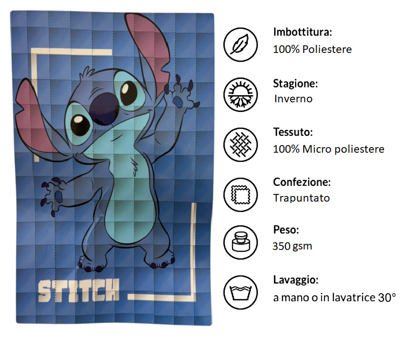 Trapunta Stitch DISNEY Piumone Invernale 350 Gsm Letto Singolo 160x250 CM - Je12131gtb