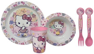 Set Pappa 5 Pezzi Hello Kitty Sanrio in Plastica Adatto Al Microonde Piatti Bicchiere Posate - St81750