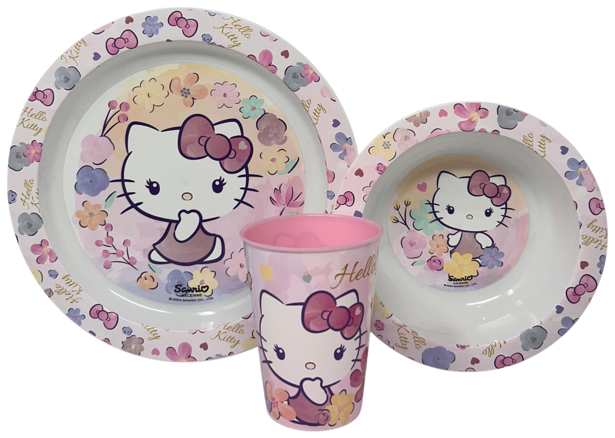 Set Pappa 5 Pezzi Hello Kitty Sanrio in Plastica Adatto Al Microonde Piatti Bicchiere Posate - St81750