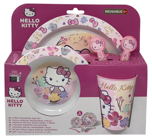 Set Pappa 5 Pezzi Hello Kitty Sanrio in Plastica Adatto Al Microonde Piatti Bicchiere Posate - St81750