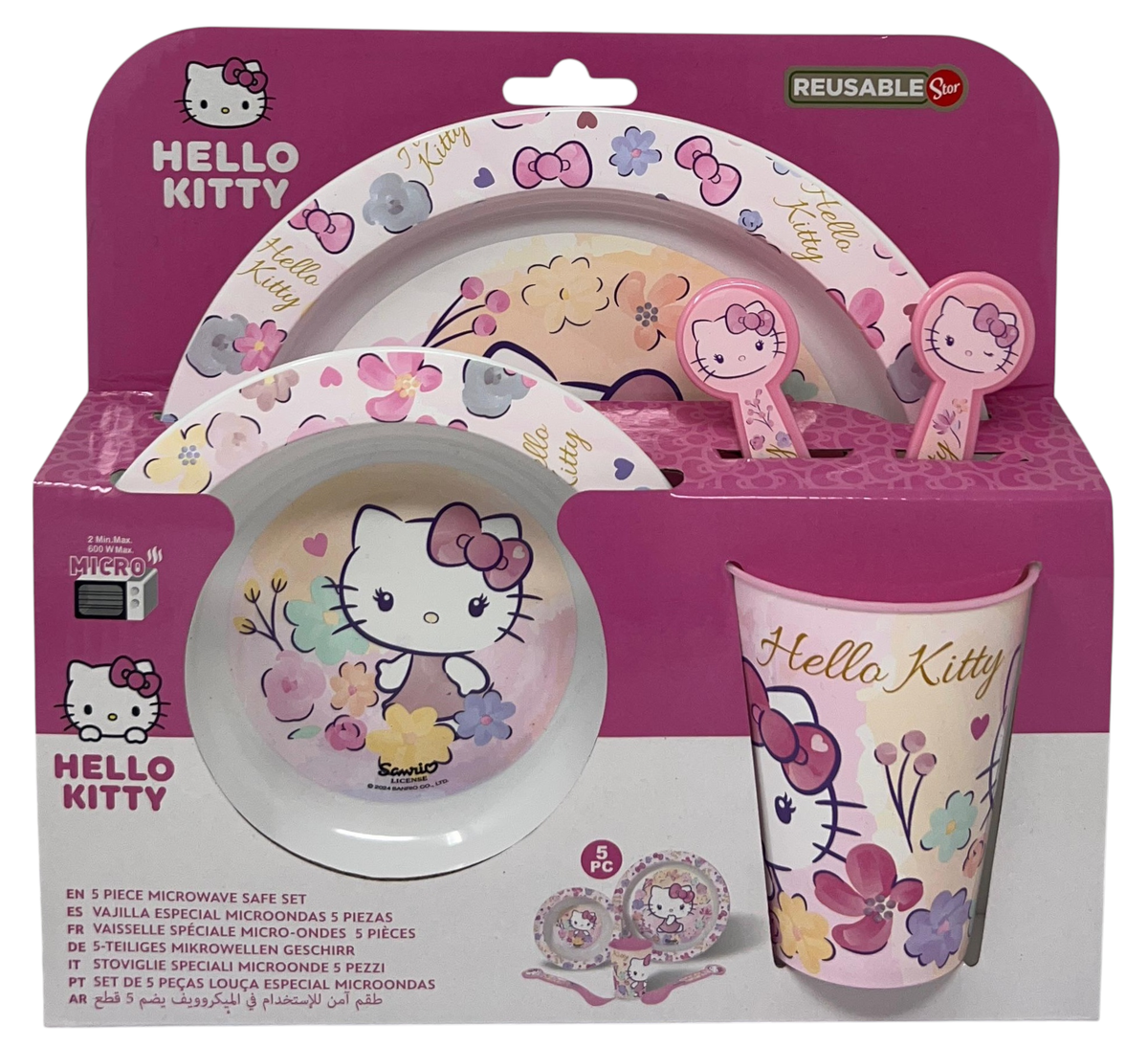 Set Pappa 5 Pezzi Hello Kitty Sanrio in Plastica Adatto Al Microonde Piatti Bicchiere Posate - St81750
