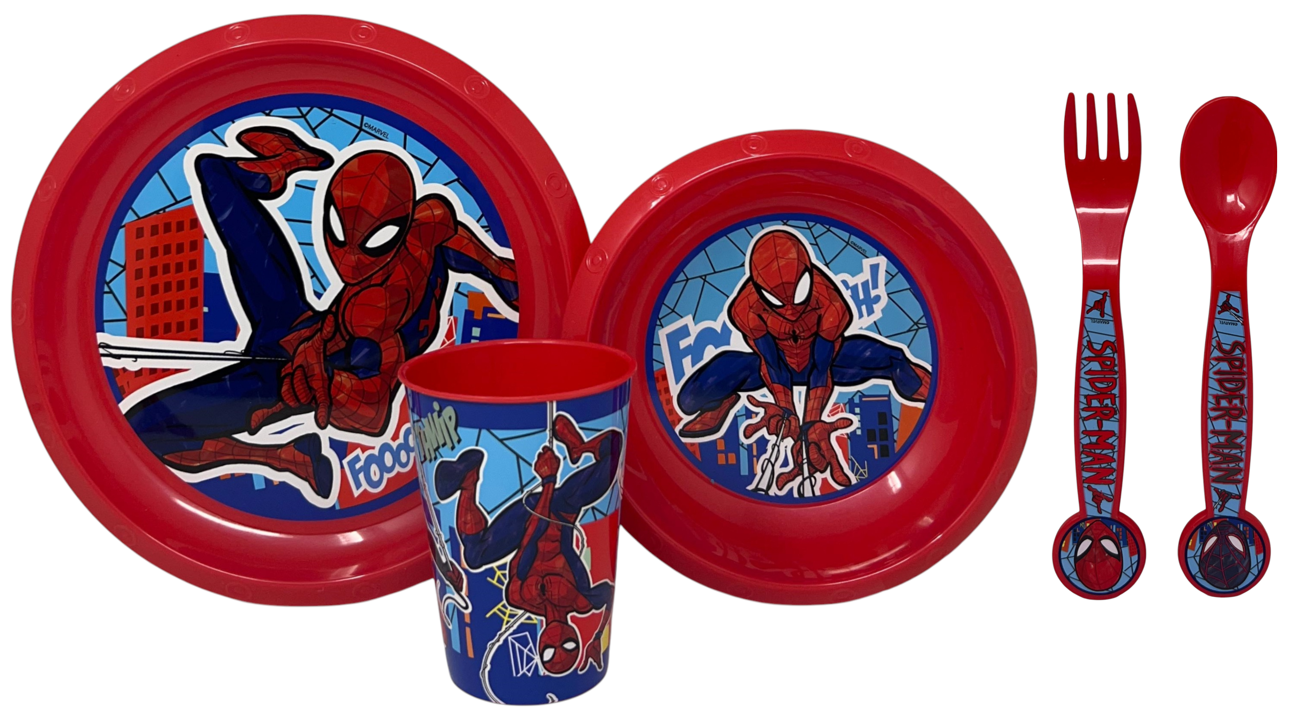 Set Pappa 5 Pezzi Spiderman MARVEL in Plastica Riutilizzabile Piatti Bicchiere Posate Bpa Free - St83500