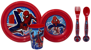 Set Pappa 5 Pezzi Spiderman MARVEL in Plastica Riutilizzabile Piatti Bicchiere Posate Bpa Free - St83500