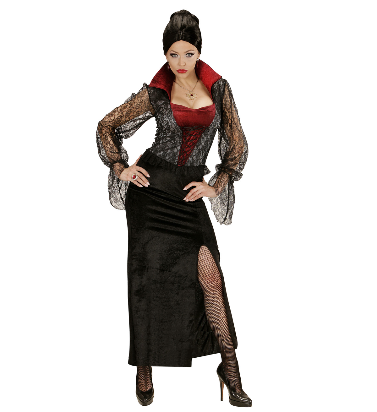 Costume Vampiressa Donna Abito Elegante in Pizzo e Velluto Travestimento Halloween Cosplay - 0404