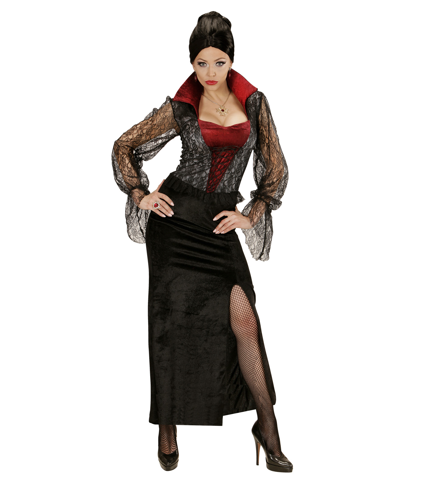 Costume Vampiressa Donna Abito Elegante in Pizzo e Velluto Travestimento Halloween Cosplay - 0404