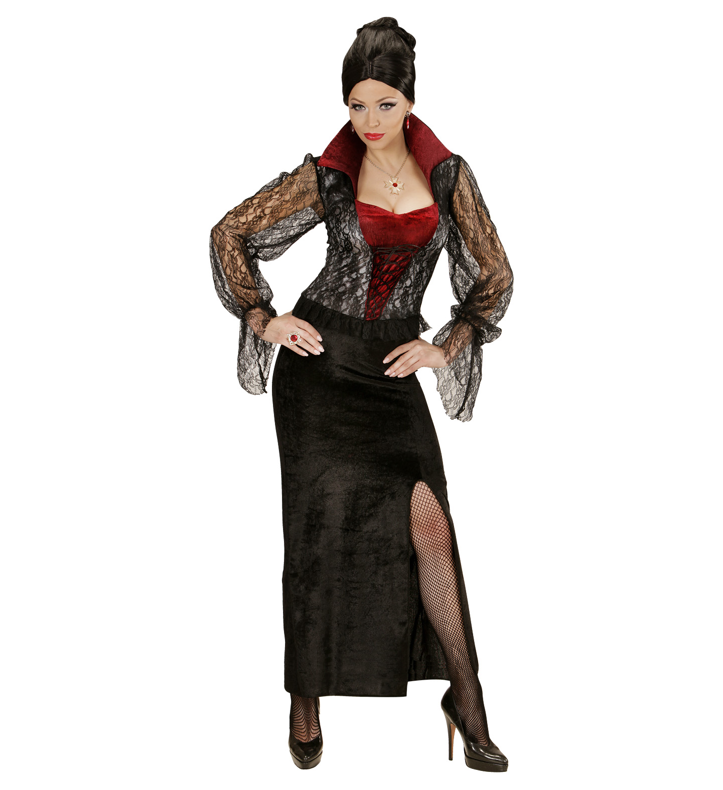 Costume Vampiressa Donna Abito Elegante in Pizzo e Velluto Travestimento Halloween Cosplay - 0404