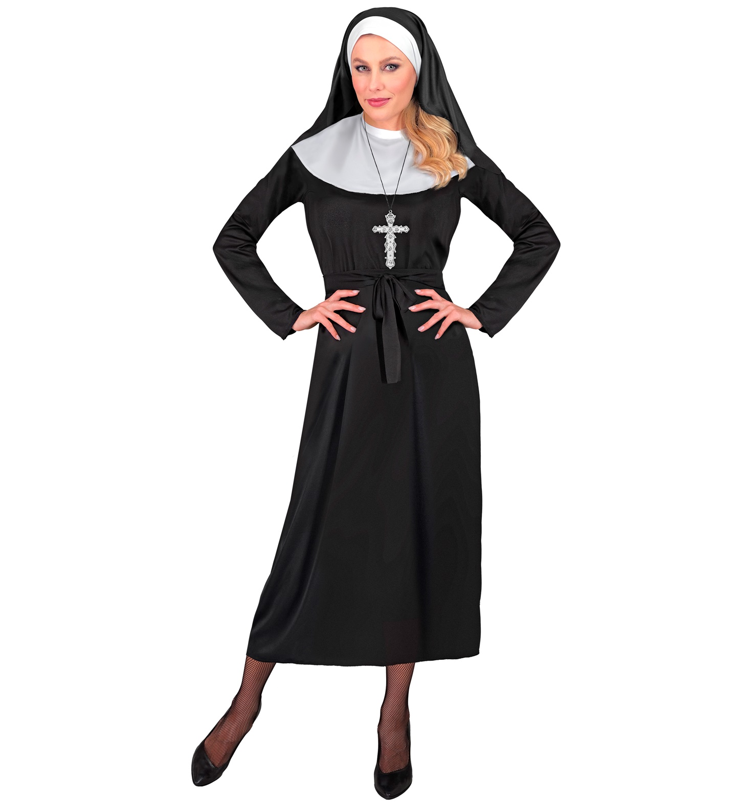 Costume da Suora Donna Travestimento Carnevale Abito Cintura e Copricapo Cosplay Feste a Tema - 2752