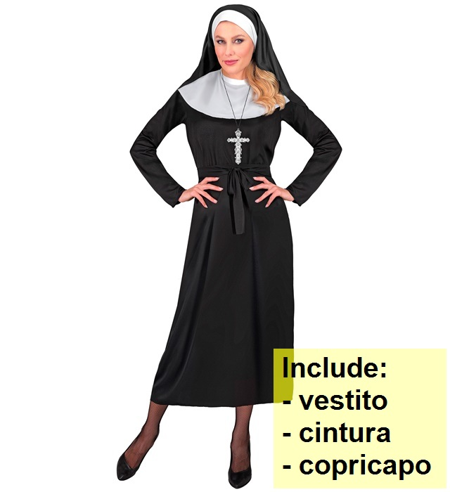 Costume da Suora Donna Travestimento Carnevale Abito Cintura e Copricapo Cosplay Feste a Tema - 2752