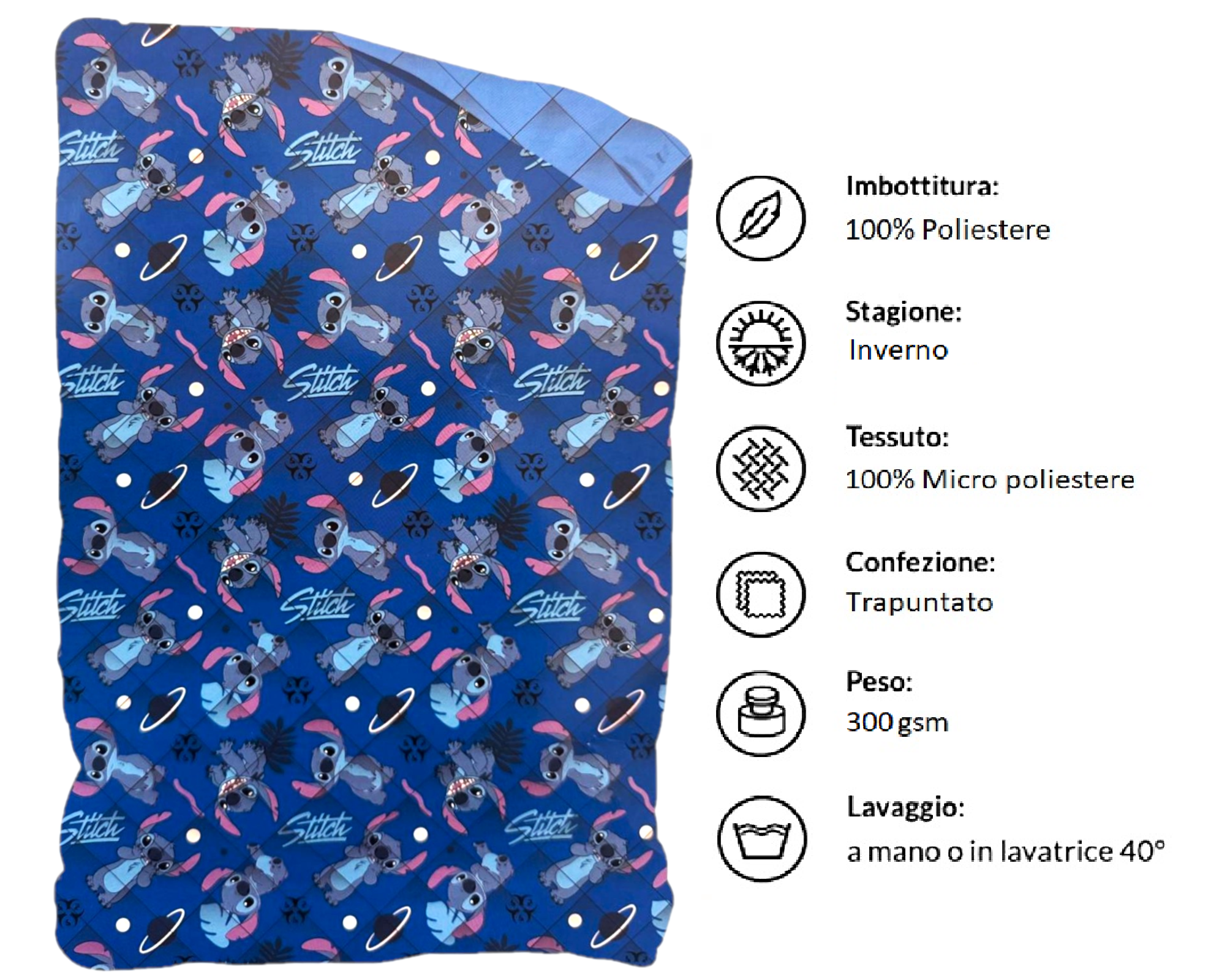 Trapunta Invernale Stitch DISNEY Piumone 300 Gsm Letto Singolo 170x260 CM - Sti1950