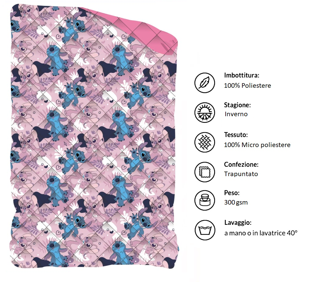 Trapunta Invernale Stitch e Angel DISNEY Piumone 300 Gsm Letto Singolo 170x260 CM - Sti1952