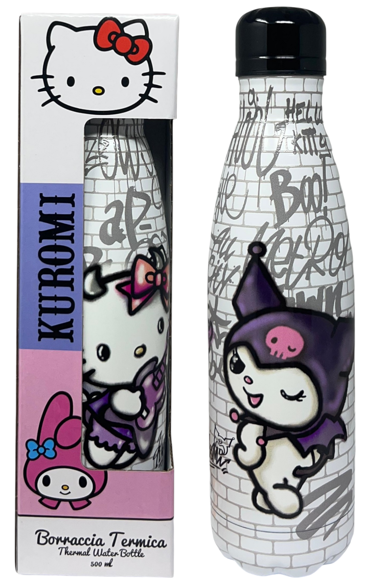 Borraccia Termica Hello Kitty e Kuromi in Acciaio Inox Bottiglia con Tappo Svitabile 500 Ml - H10247te/b