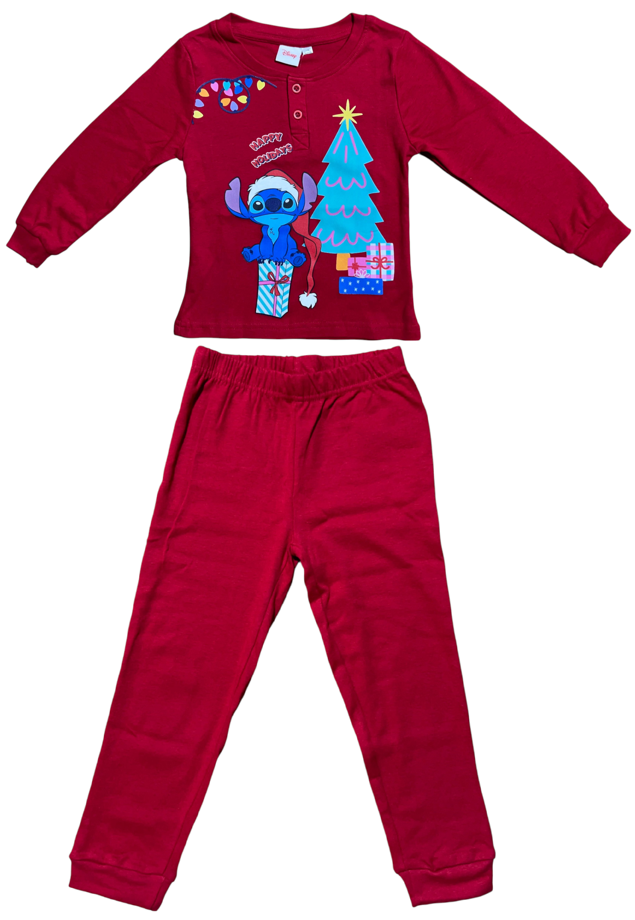 Pigiama Natalizio Stitch DISNEY Completo in 100% Caldo Cotone Bambino - Sti2007