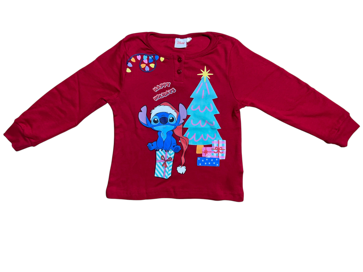 Pigiama Natalizio Stitch DISNEY Completo in 100% Caldo Cotone Bambina - Sti2005