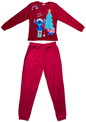 Pigiama Natalizio Stitch DISNEY Completo in 100% Caldo Cotone Donna - Sti2008