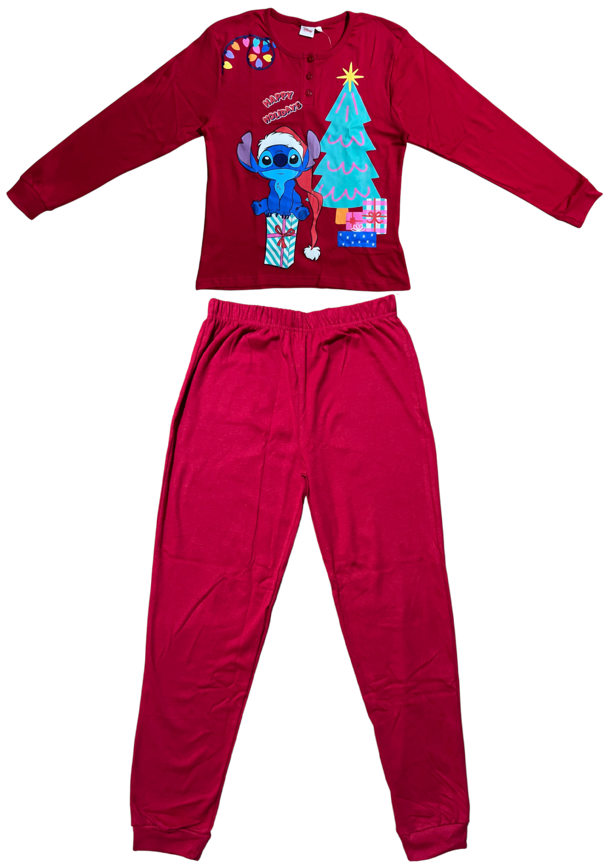 Pigiama Natalizio Stitch DISNEY Completo in 100% Caldo Cotone Donna - Sti2008