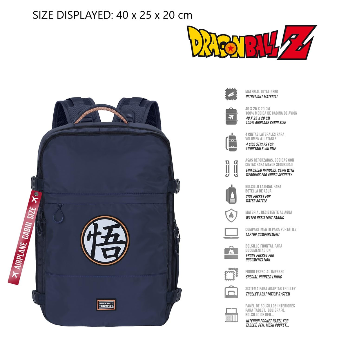 Zaino da Viaggio Dragon Ball Z 40 CM Bagaglio a Mano da Cabina Adattabile a Trolley - 07955