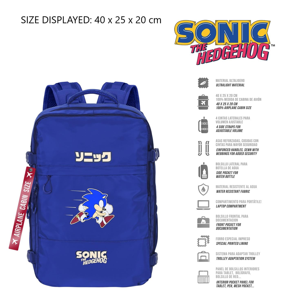 Zaino da Viaggio Sonic the Hedgehog 40 CM Bagaglio a Mano da Cabina Adattabile a Trolley - 07959