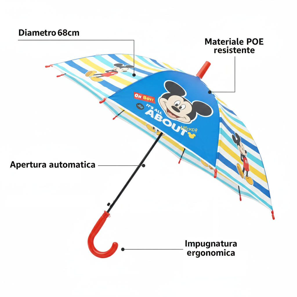 Ombrello Topolino DISNEY Apertura Automatica Manico Ergonomico Accessorio per la Pioggia Bambini