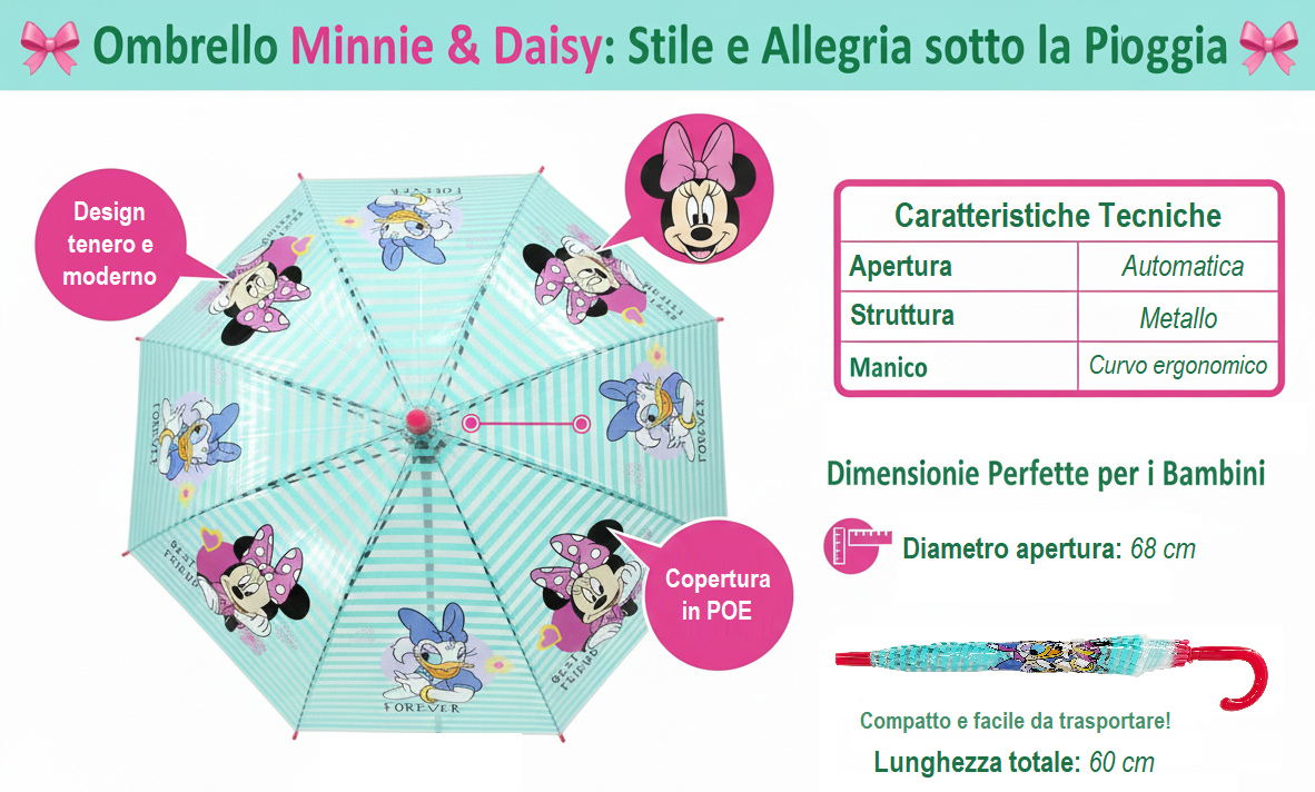 Ombrello Minnie DISNEY Apertura Automatica Manico Ergonomico Accessorio per la Pioggia Bambini