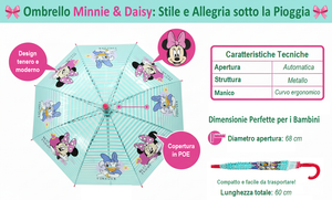 Ombrello Minnie DISNEY Apertura Automatica Manico Ergonomico Accessorio per la Pioggia Bambini