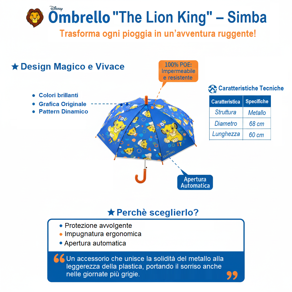 Ombrello Simba DISNEY Apertura Automatica Manico Ergonomico Accessorio per la Pioggia Bambini