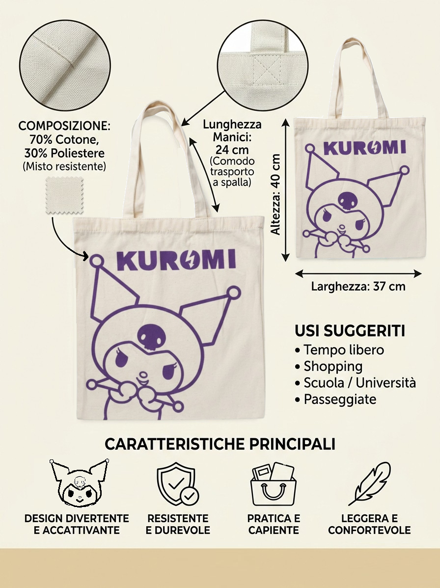 Borsa in Tela Riutilizzabile Kuromi Sanrio Borsa Shopper Multifunzione - Nw1425