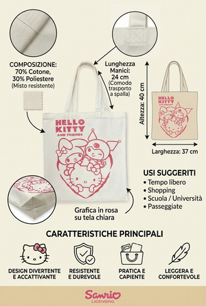 Borsa in Tela Riutilizzabile Hello Kitty Sanrio Borsa Shopper Multifunzione - Nw1426