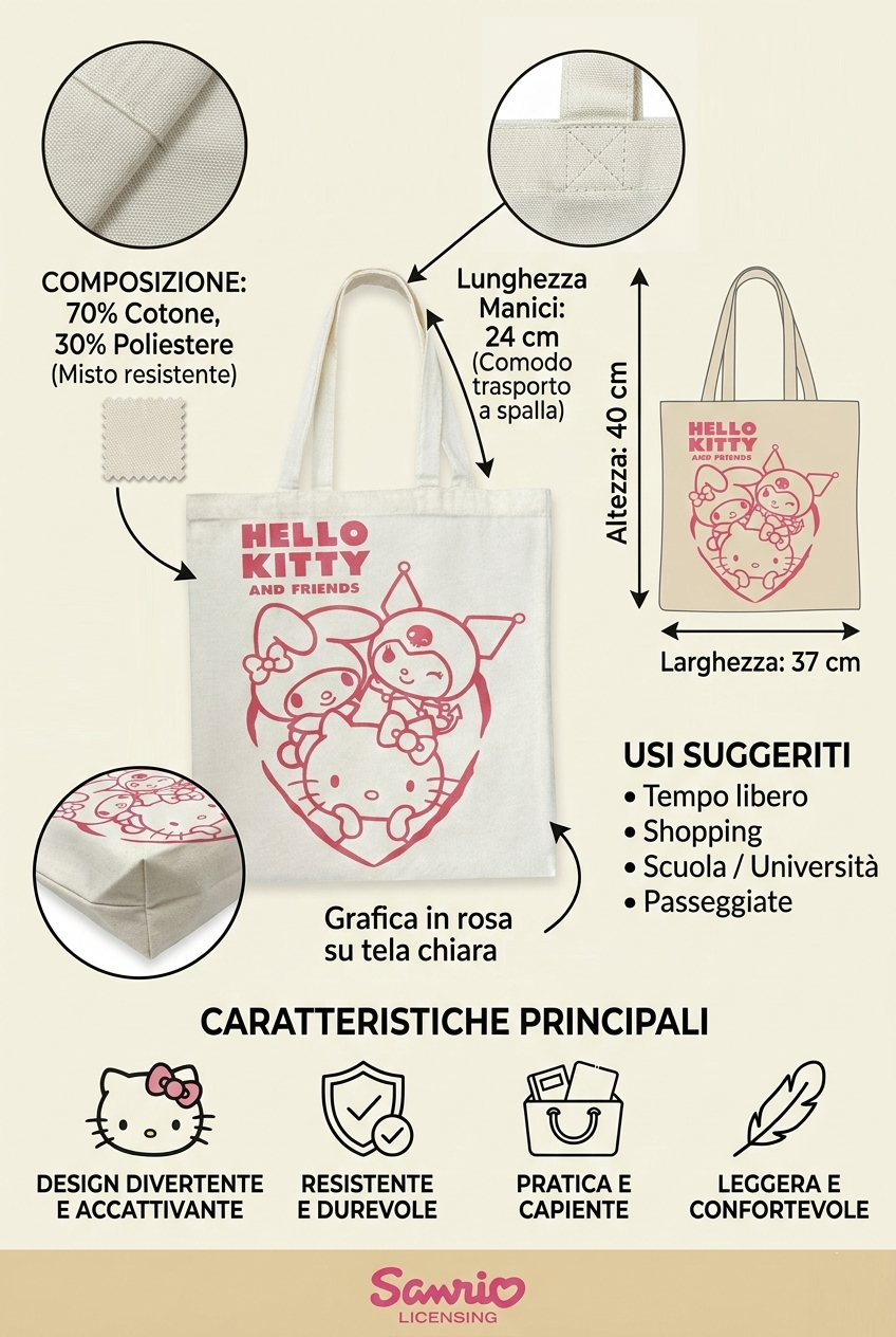 Borsa in Tela Riutilizzabile Hello Kitty Sanrio Borsa Shopper Multifunzione - Nw1426