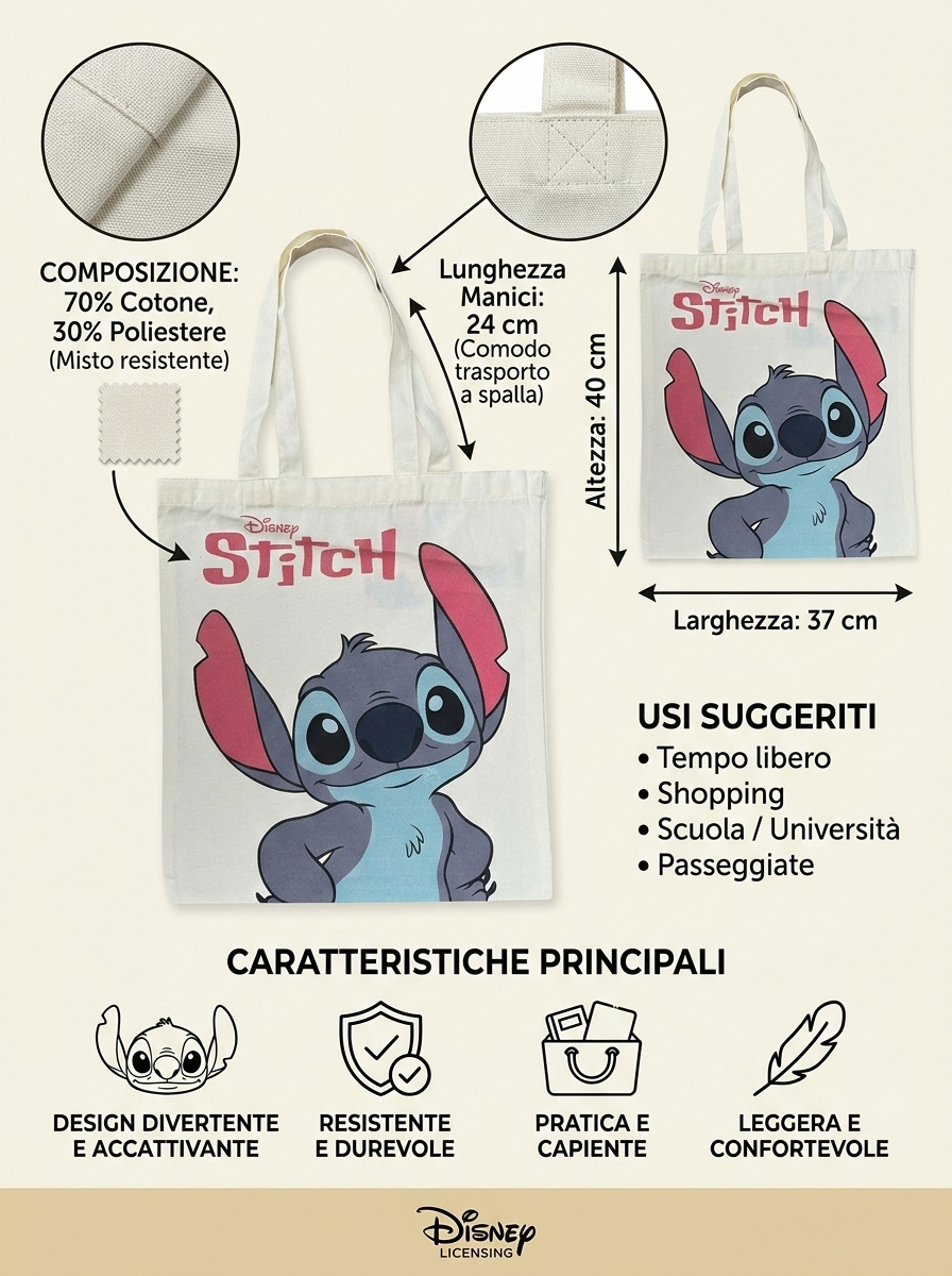 Borsa in Tela Riutilizzabile Stitch DISNEY Borsa Shopper Multifunzione - Nw1427