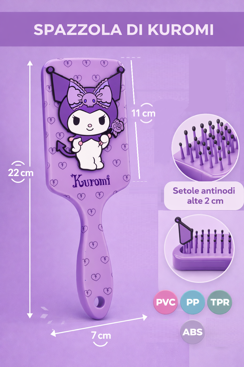 Spazzola Kuromi Districante per Capelli 22 CM con Applicazione 3d Setole Morbide - 40509966
