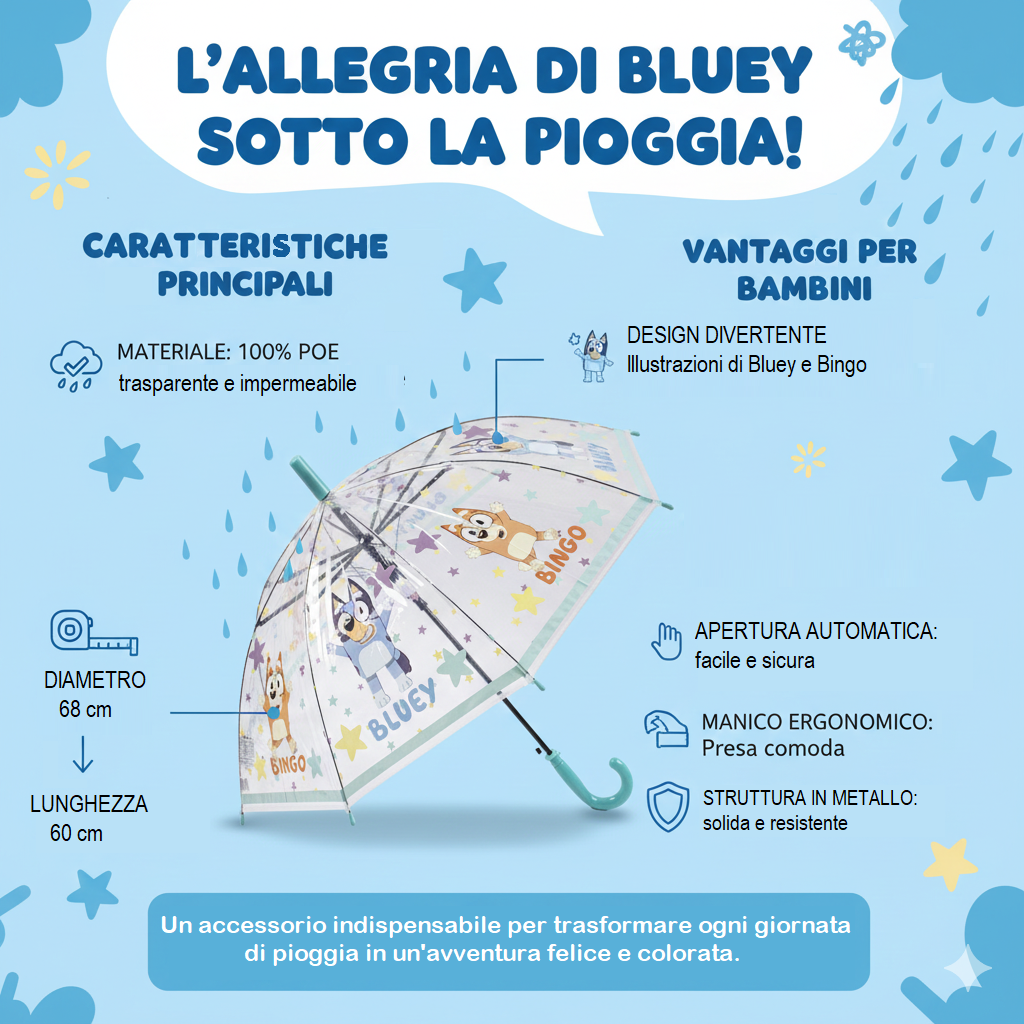 Ombrello Bluey Apertura Automatica Manico Ergonomico Accessorio per la Pioggia Bambini