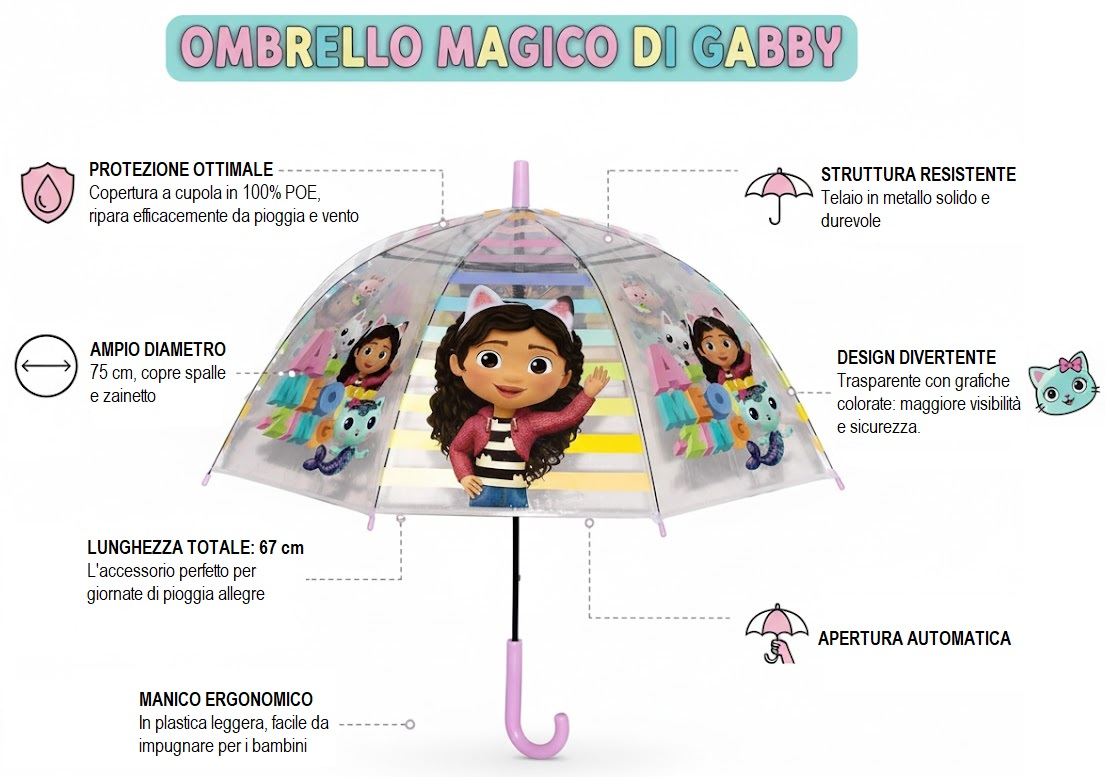 Ombrello a Cupola Gabby's Dollhouse Apertura Automatica Manico Ergonomico Accessorio per la Pioggia Bambini
